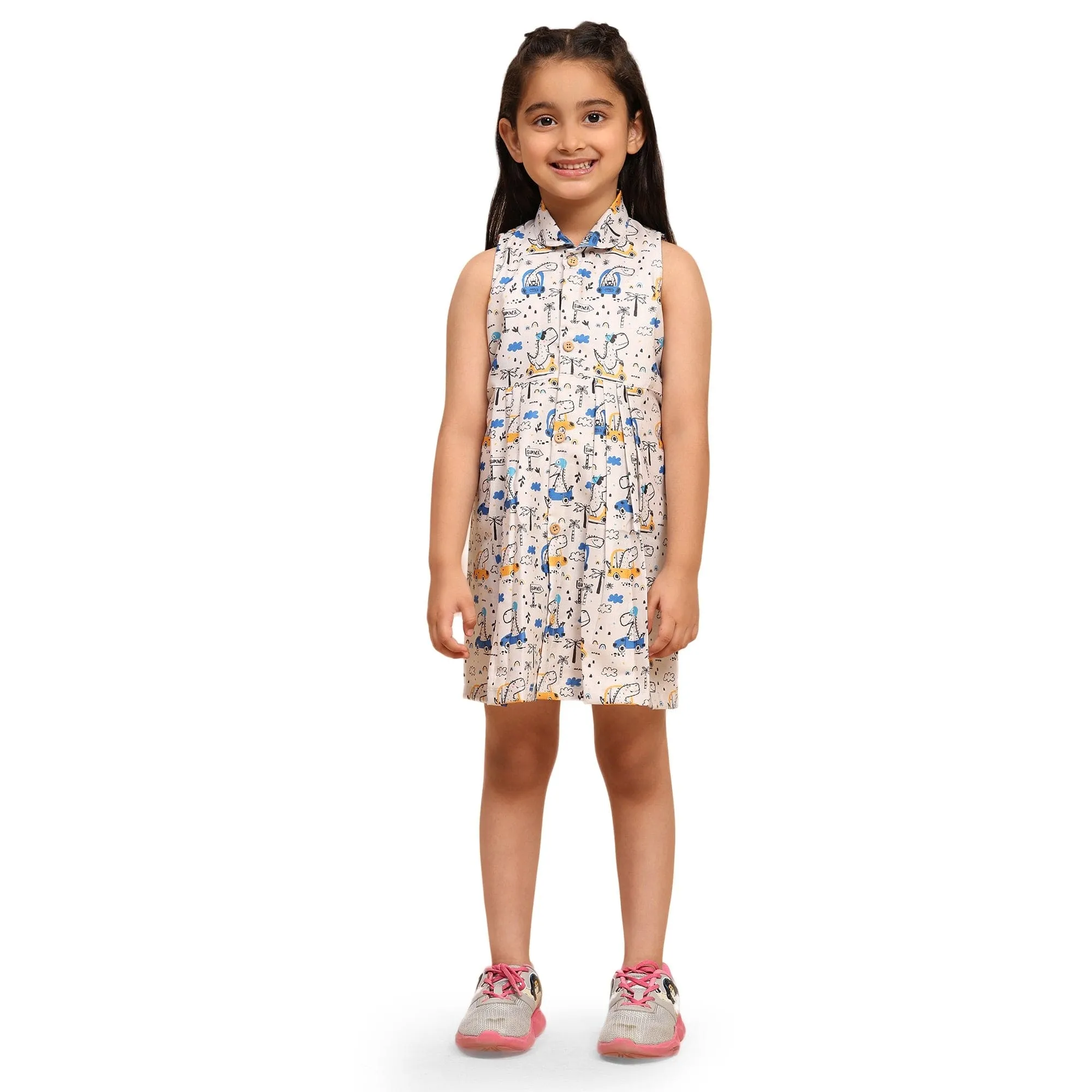 Dino on Car Print Blend Linen Dress
