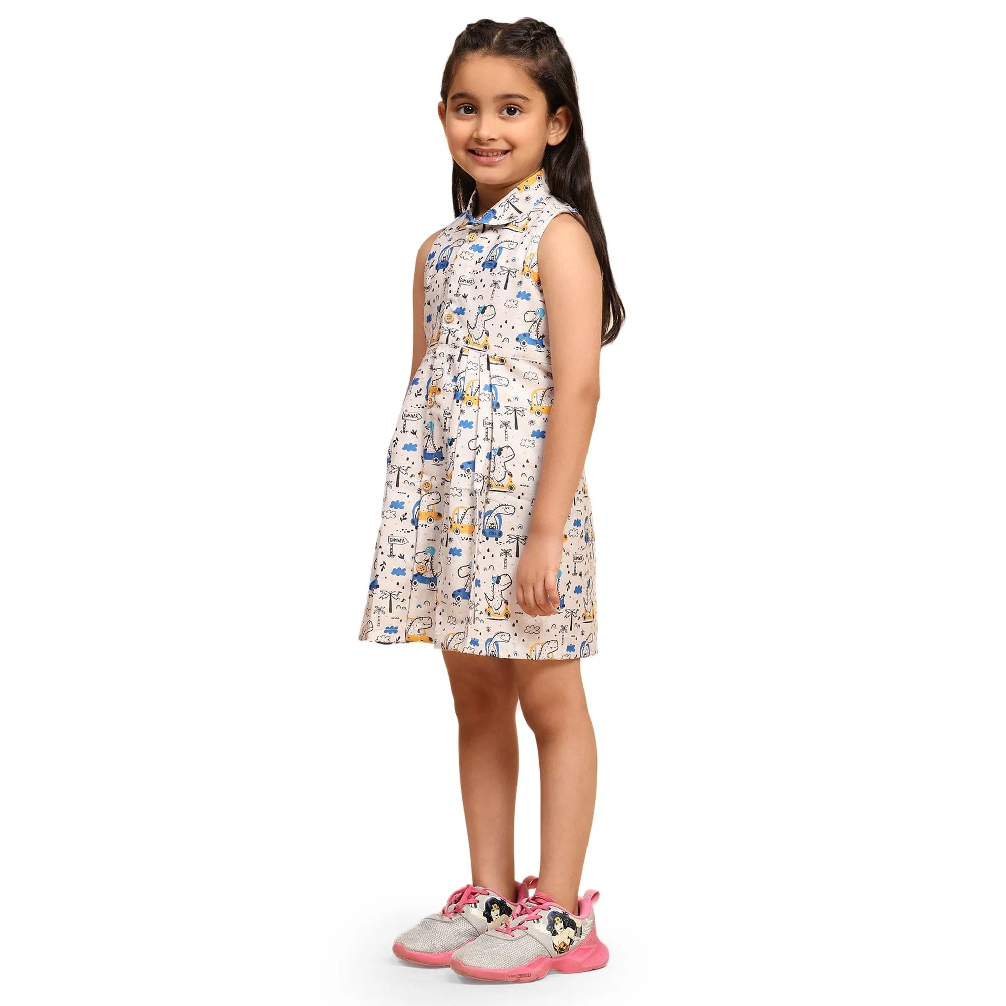 Dino on Car Print Blend Linen Dress