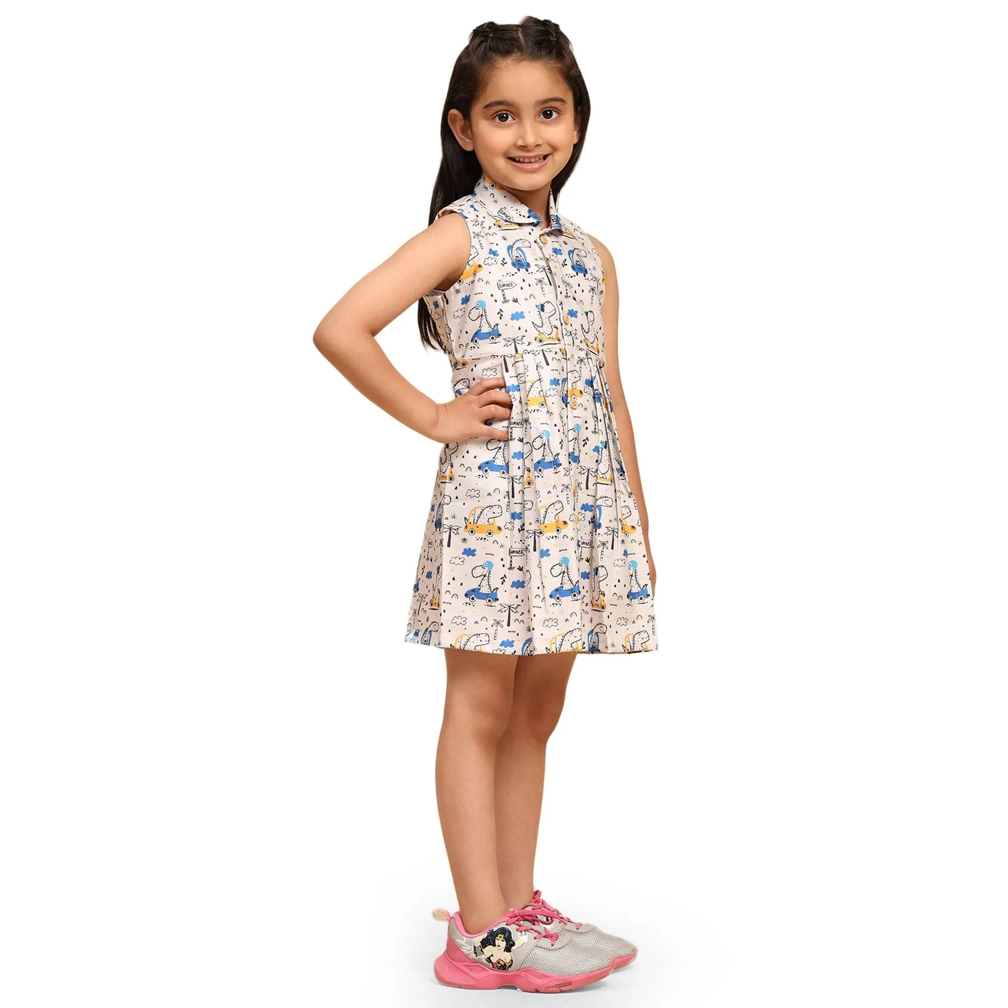 Dino on Car Print Blend Linen Dress