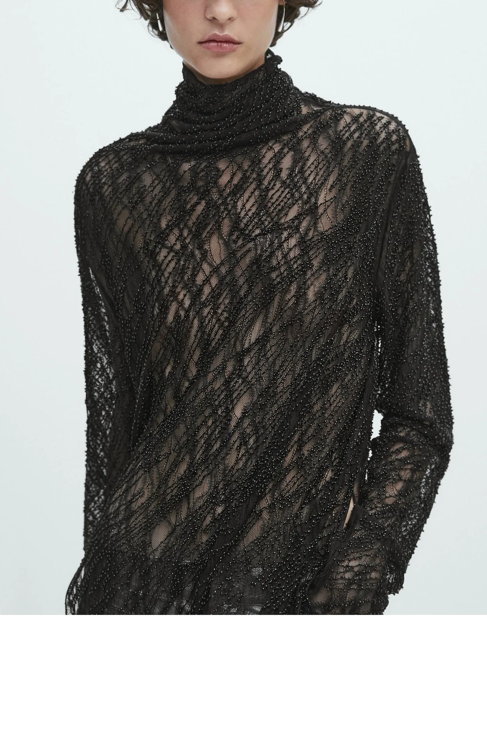 Draped Collar Blouse with Rhinestone Detail
