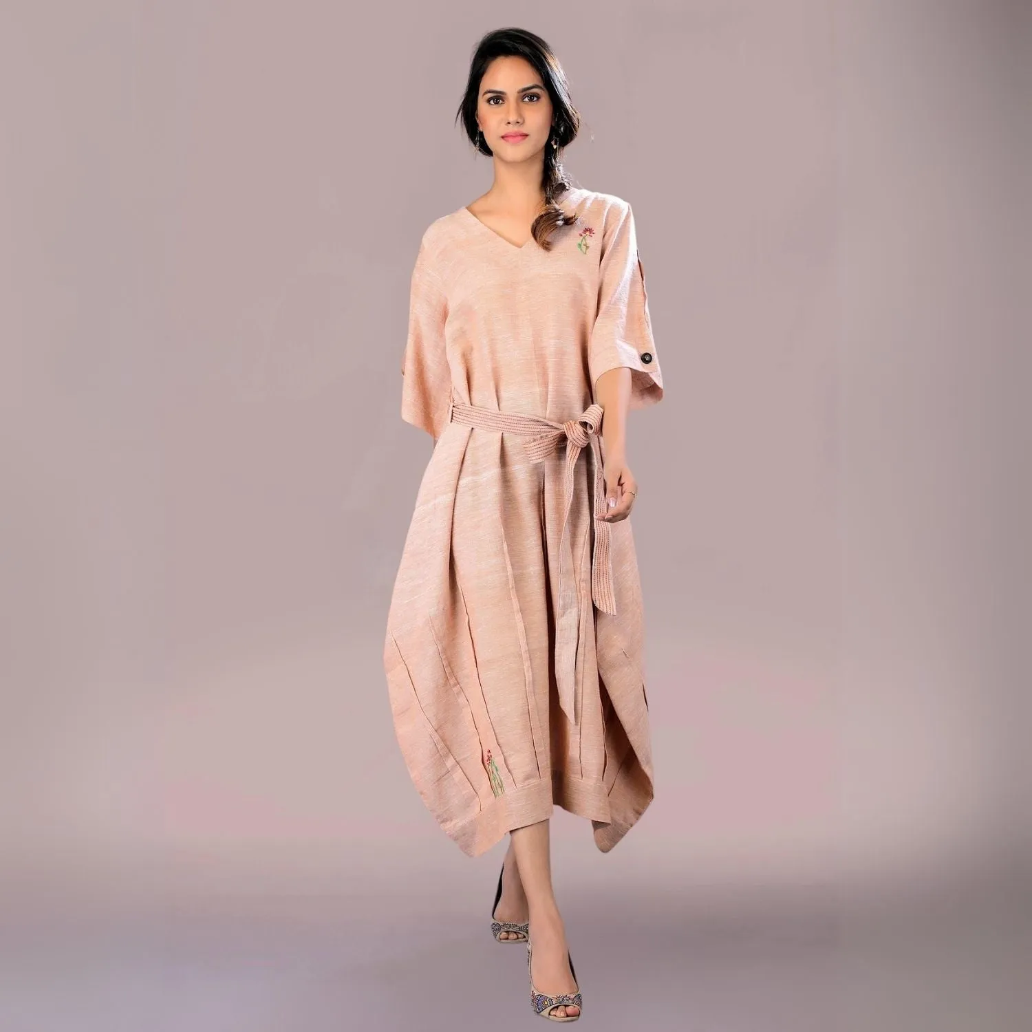 Dreamy Cocoon Dress | Comfortable Daily Wear | Embroidered | Muted Almond