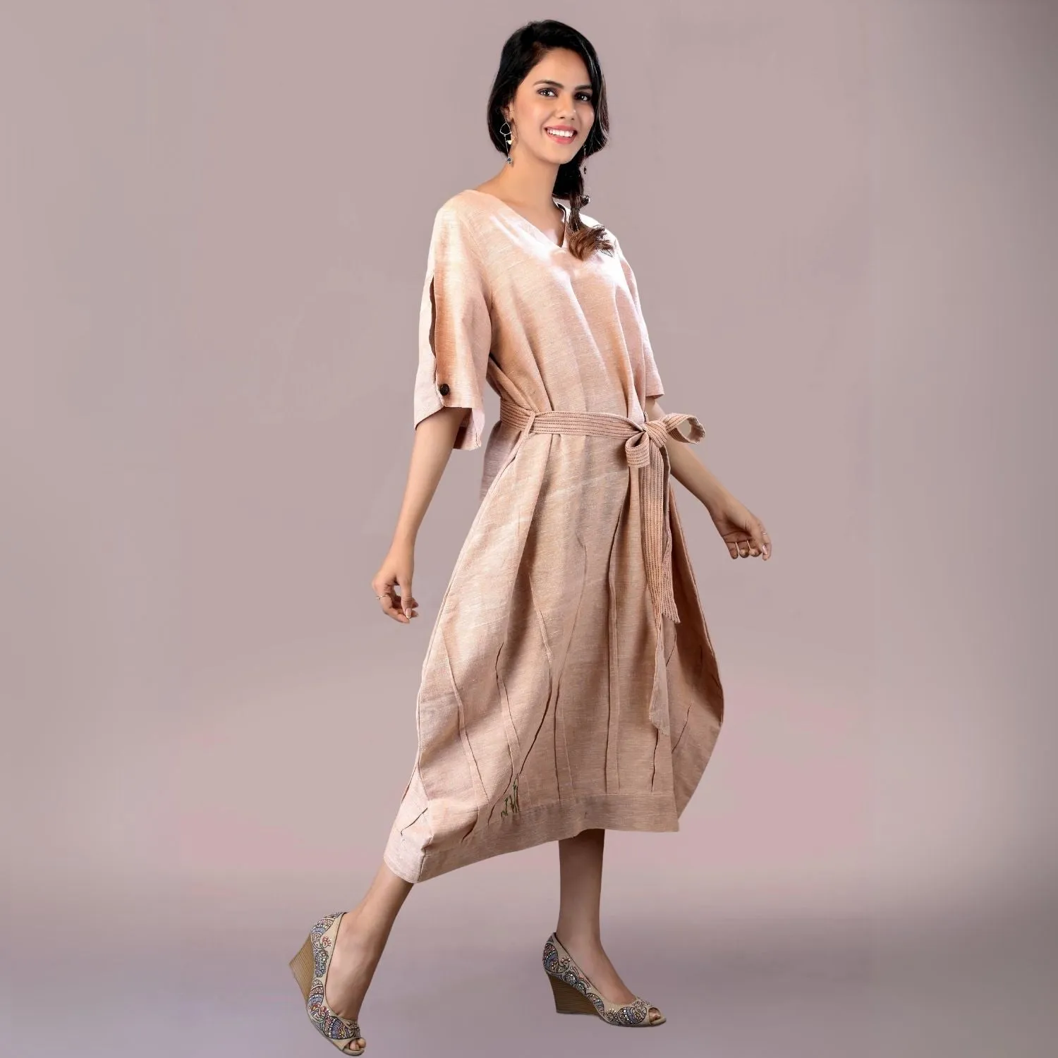 Dreamy Cocoon Dress | Comfortable Daily Wear | Embroidered | Muted Almond