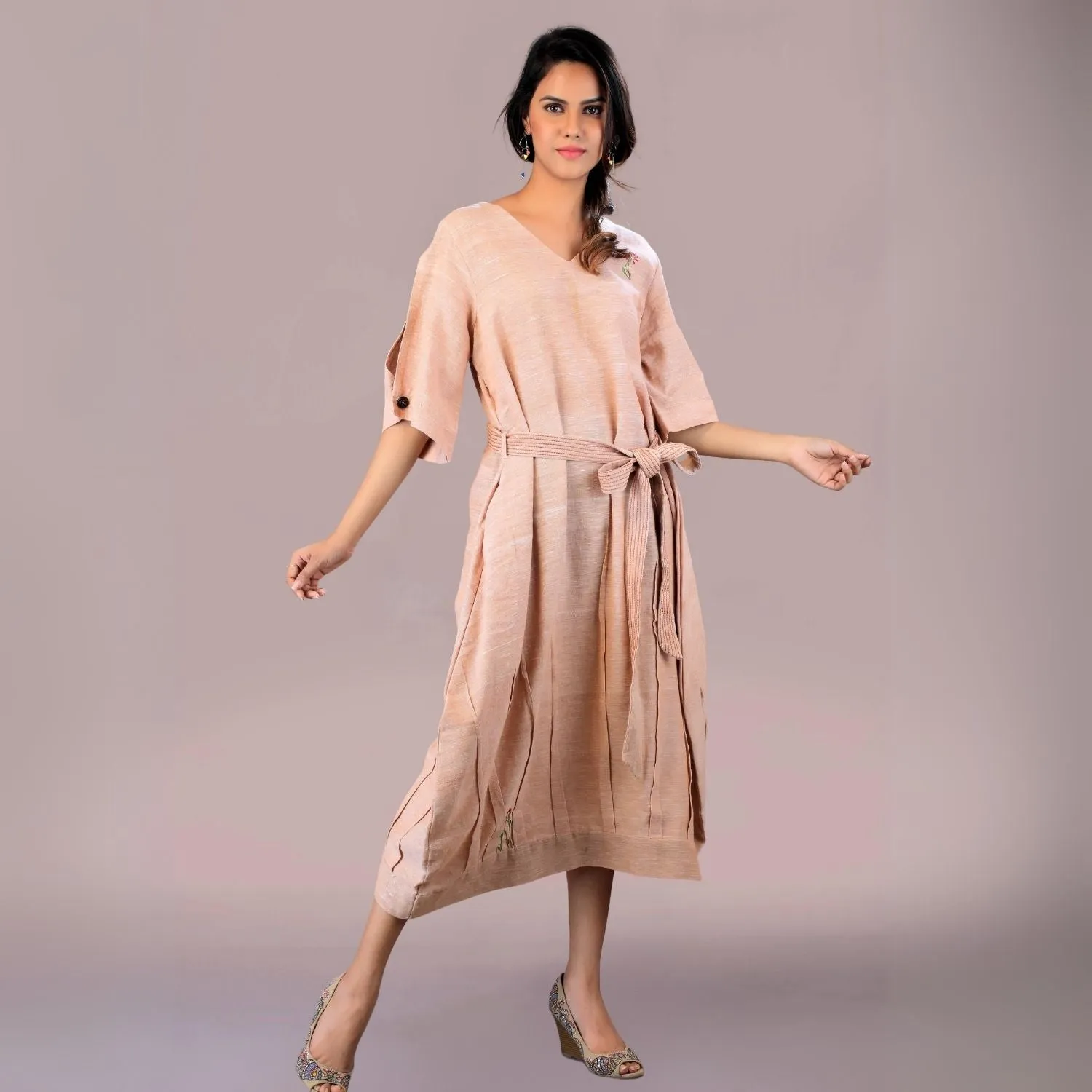 Dreamy Cocoon Dress | Comfortable Daily Wear | Embroidered | Muted Almond