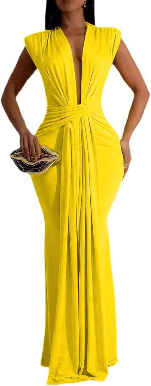 Ekaliy Elegant Bodycon Dresses for Women Deep V Neck Maxi Dress Mermaid Long Dress