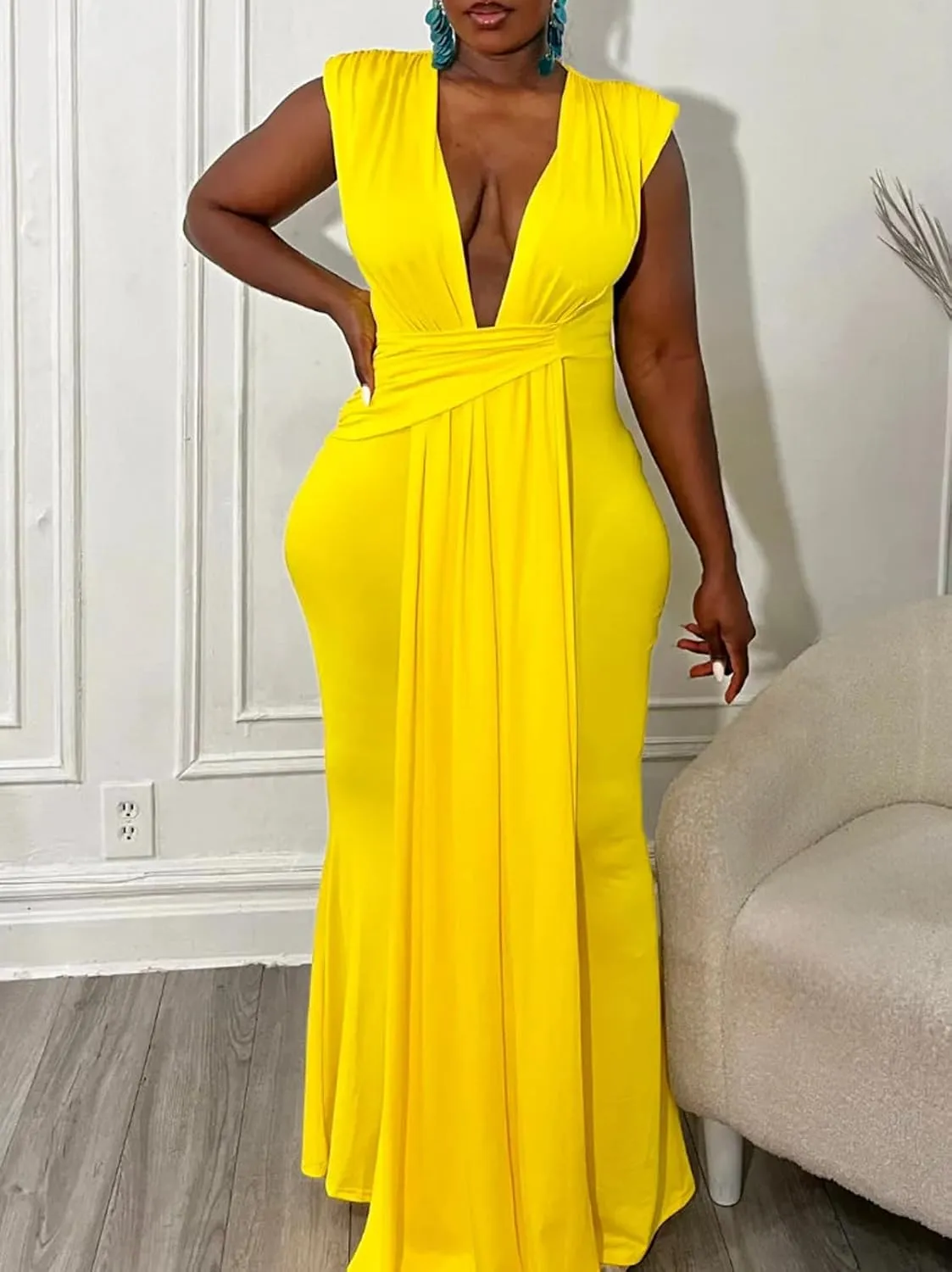 Ekaliy Elegant Bodycon Dresses for Women Deep V Neck Maxi Dress Mermaid Long Dress