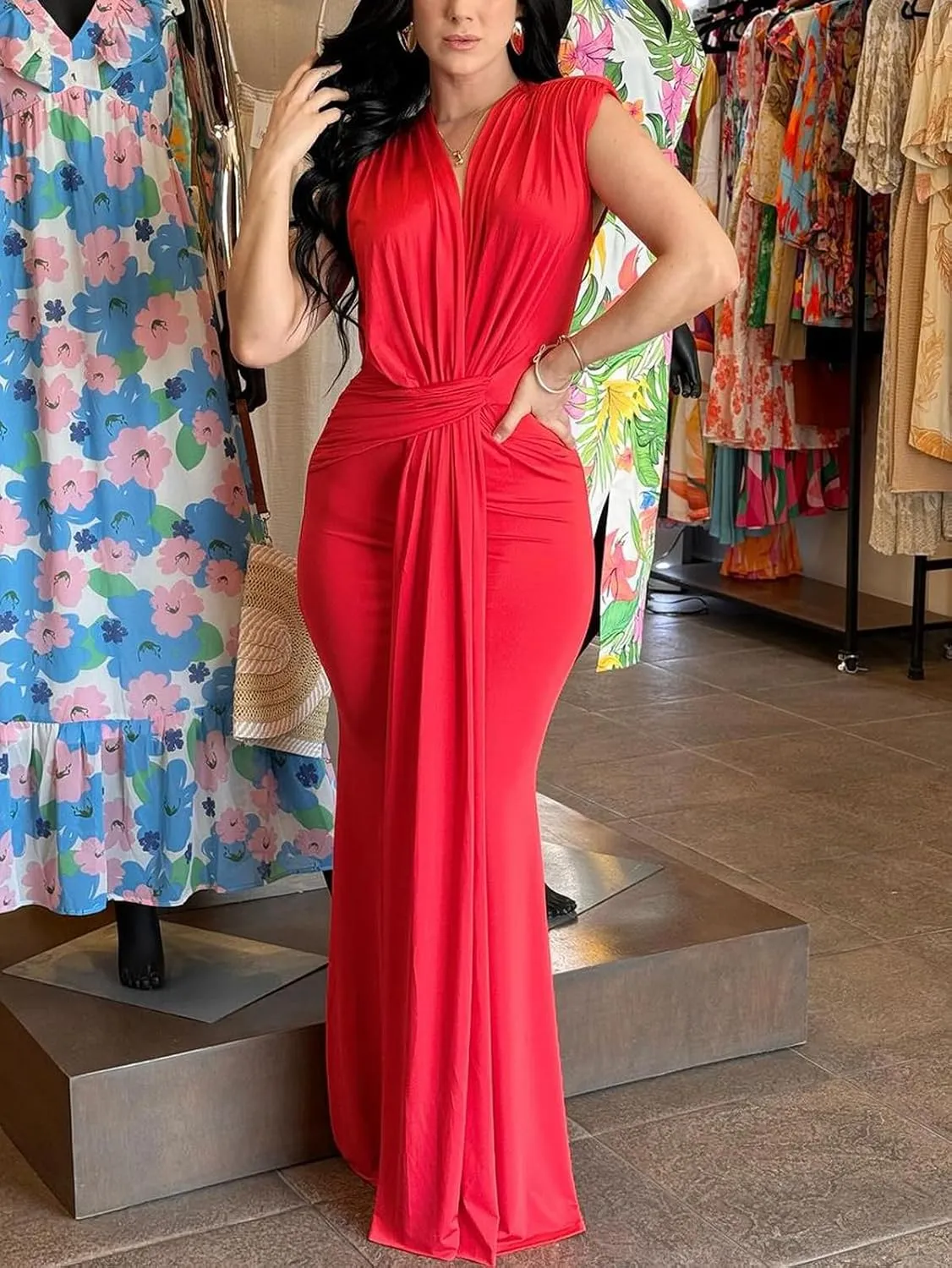 Ekaliy Elegant Bodycon Dresses for Women Deep V Neck Maxi Dress Mermaid Long Dress