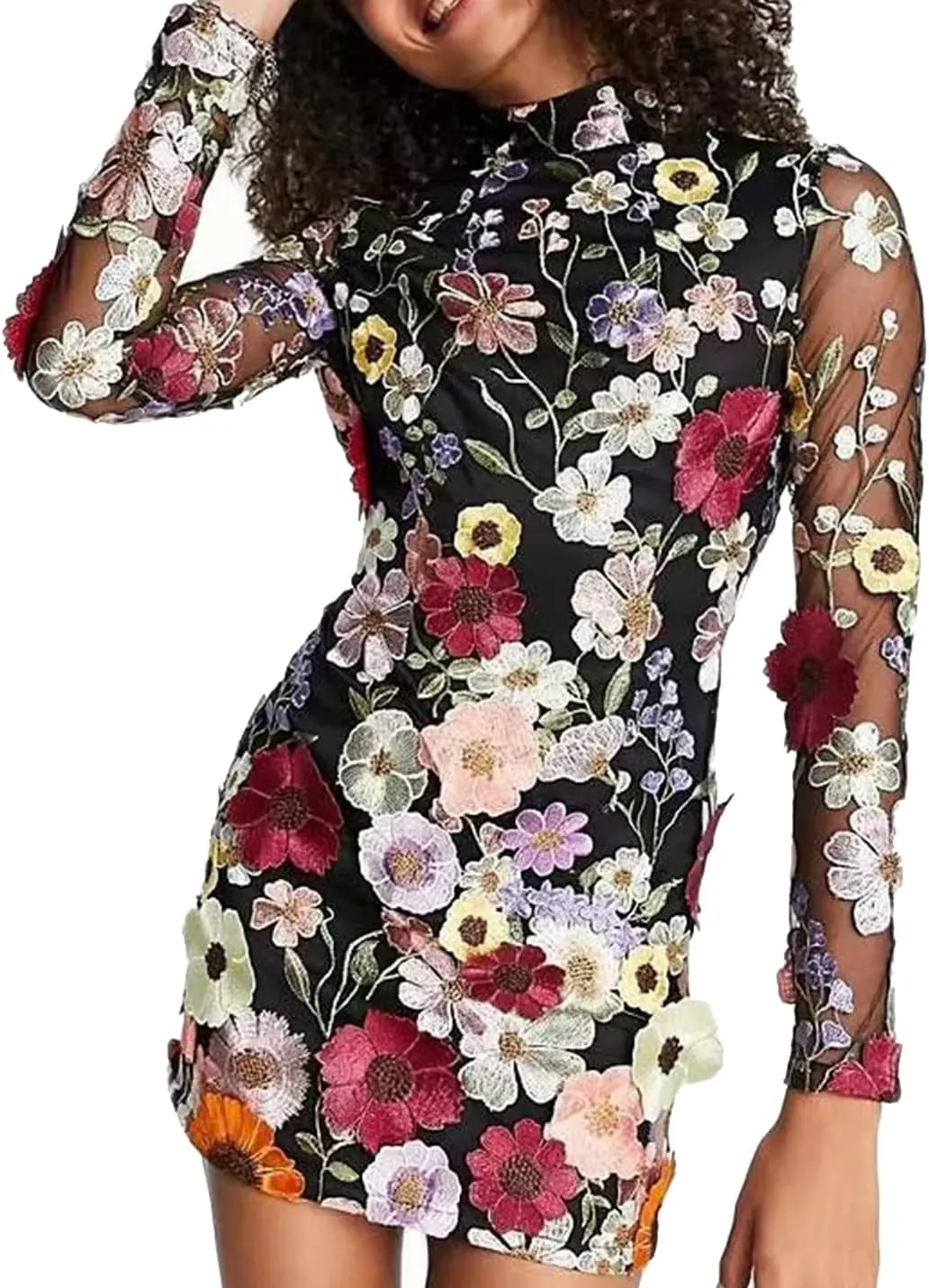 Elegant Embroidered Floral Dress for Women Lace Mini Dress Bodycon Long Sleeve Party Dress for Ladies