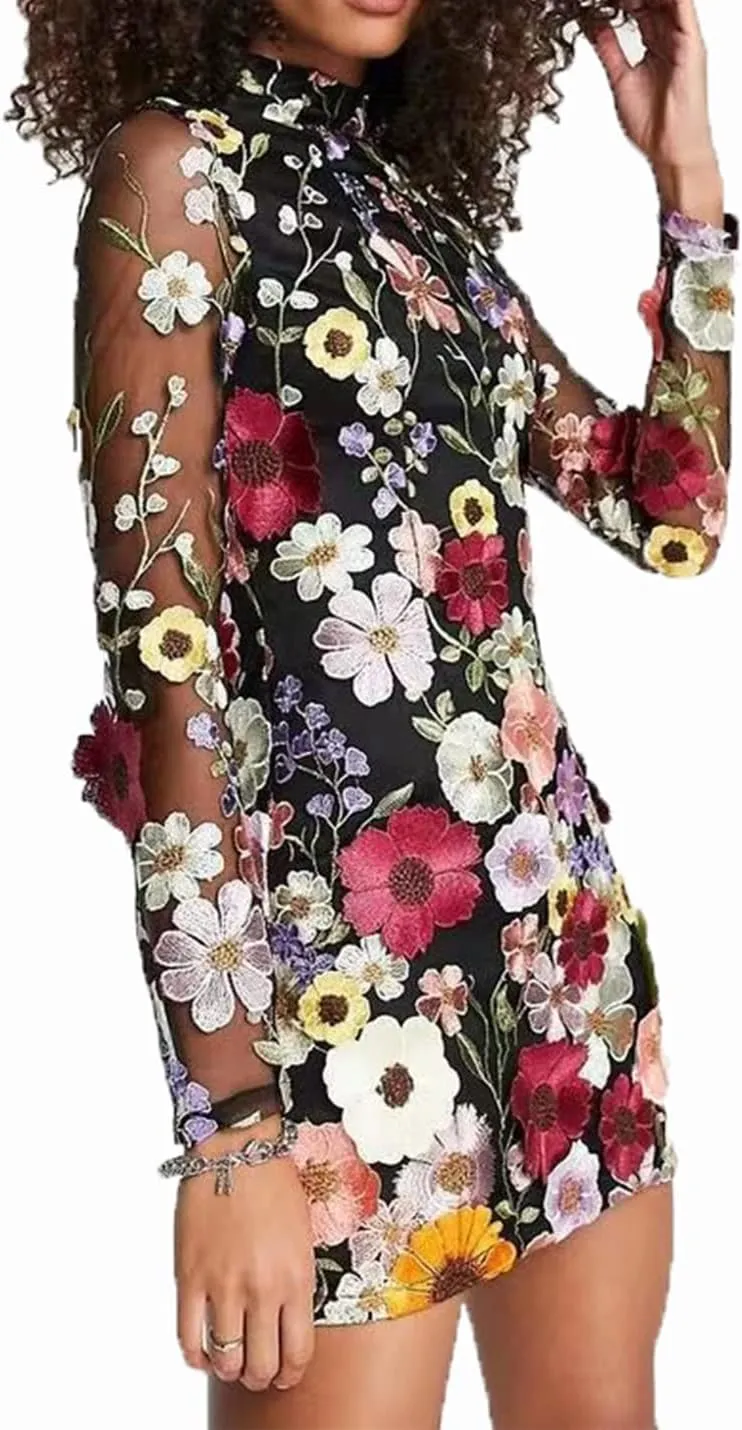 Elegant Embroidered Floral Dress for Women Lace Mini Dress Bodycon Long Sleeve Party Dress for Ladies