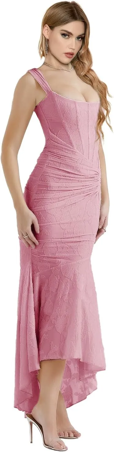 Elegant Lace Bodycon Fishtail Dress Fishbone Dress Shoulder Strap Ruched Midi Dress for Women