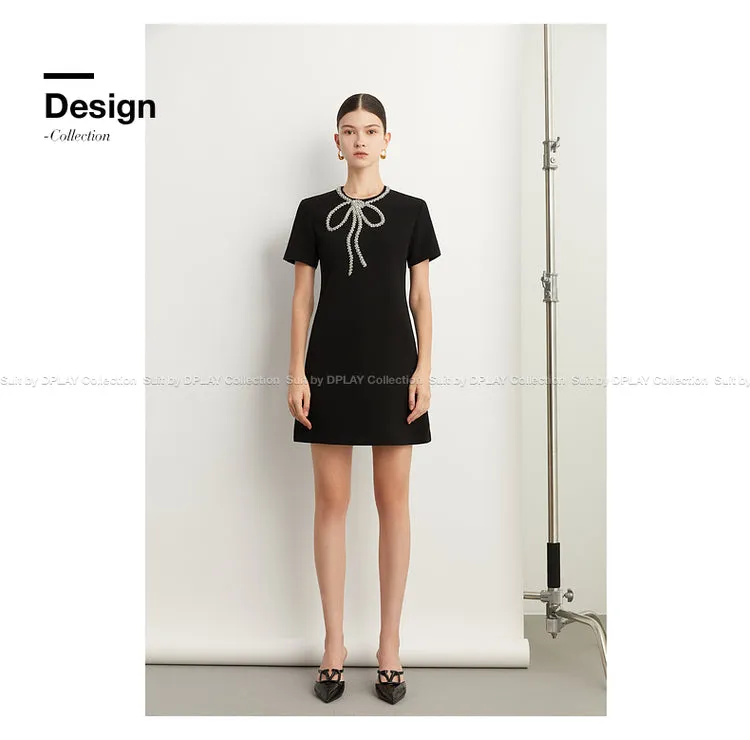 Elegant minimalist Classic Blackbeaded neckline Dress - Socialite