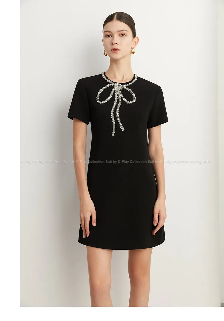 Elegant minimalist Classic Blackbeaded neckline Dress - Socialite
