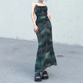 Fairycore Tie Dye Folds Spliced Summer Mesh Dress Female Strap Vintage Chic Y2K Sundress Long Dresses Holidays Print