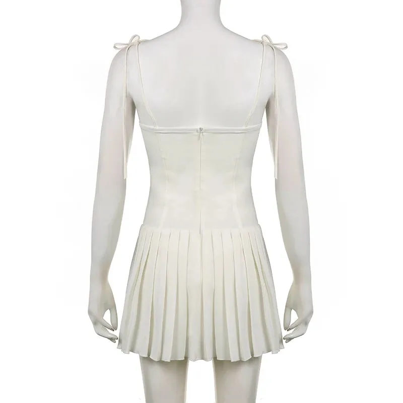 Fashion Chic Fold White Pleated Dress Mini Pins Up Birthday Party Sundress Strappy Corset Sexy Dresses Summer Female