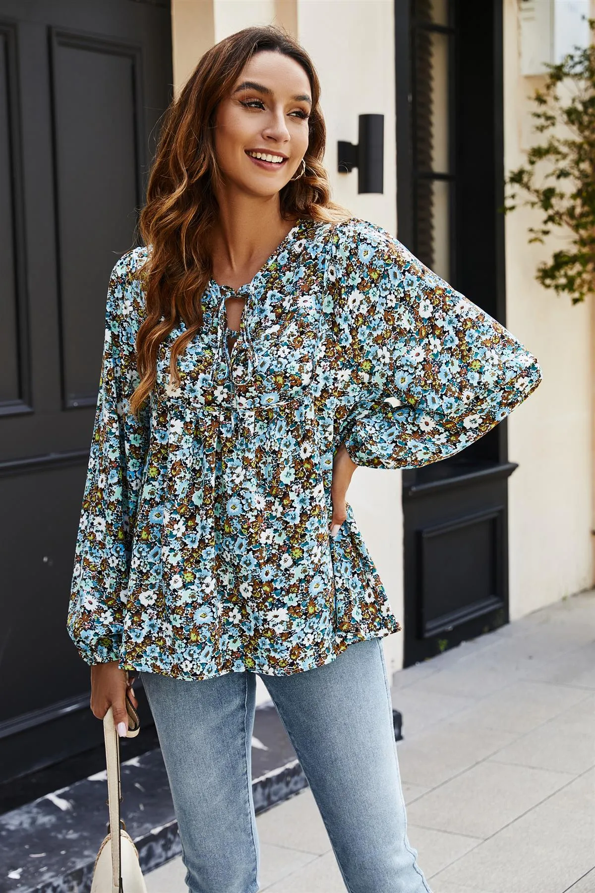 Floral Print long sleeve Blouse Top In Blue