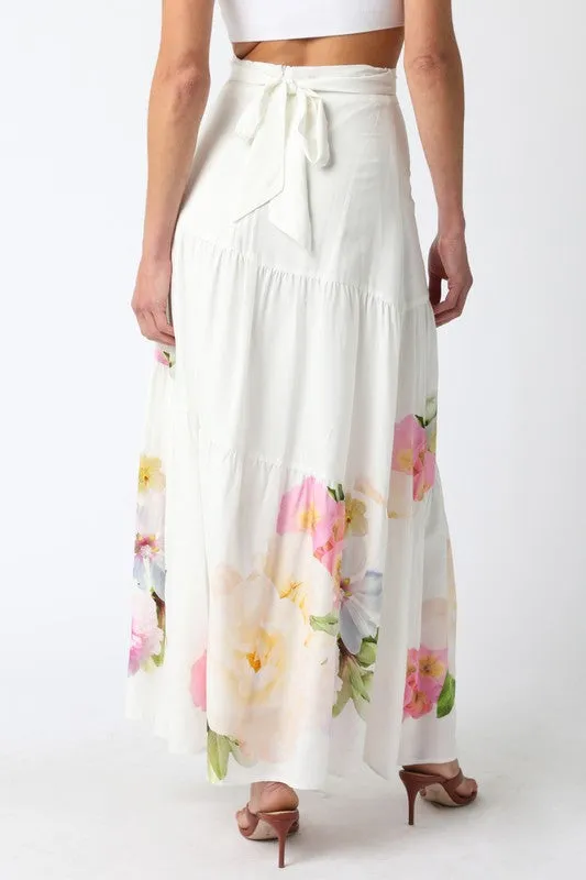 Florence High Waist Tie Floral Print Maxi Skirt White