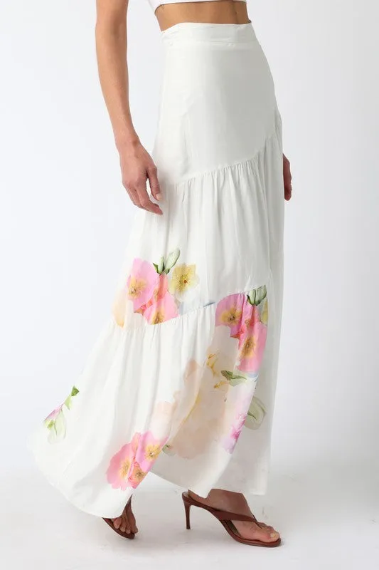Florence High Waist Tie Floral Print Maxi Skirt White