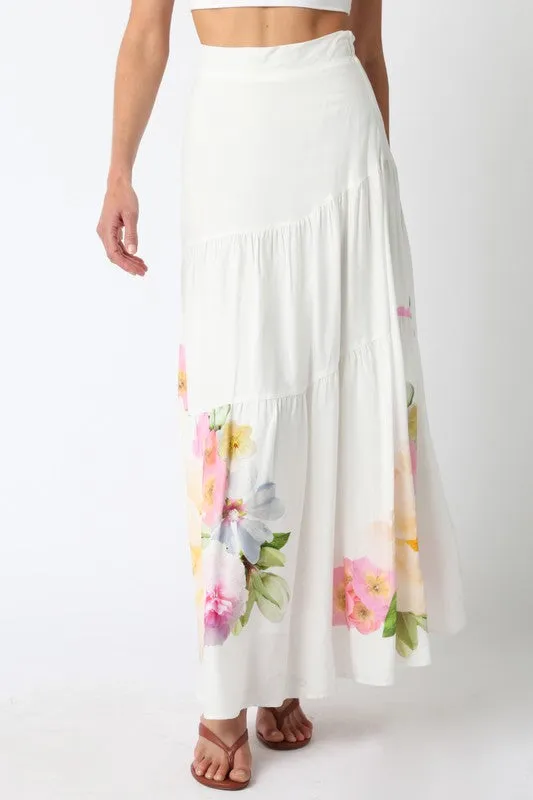 Florence High Waist Tie Floral Print Maxi Skirt White