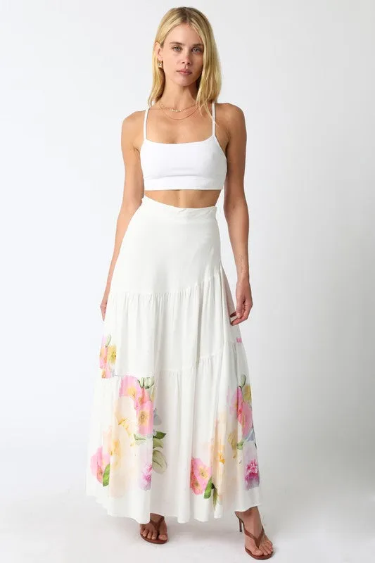 Florence High Waist Tie Floral Print Maxi Skirt White