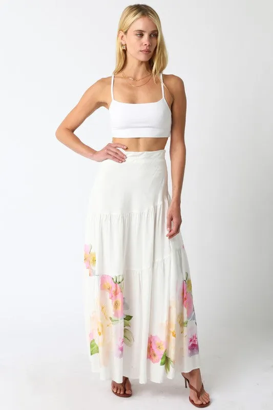 Florence High Waist Tie Floral Print Maxi Skirt White