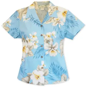 Hibiscus Joy Blue Lady's Hawaiian Cotton Blouse