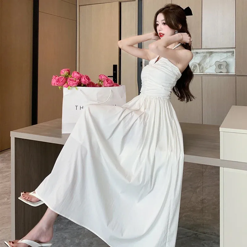 Joskaa Vintage White Long Dresses for Women 2024 Summer Elegant Chic Solid Sleeveless Casual Female Korean Slim Sexy Backless Sundress