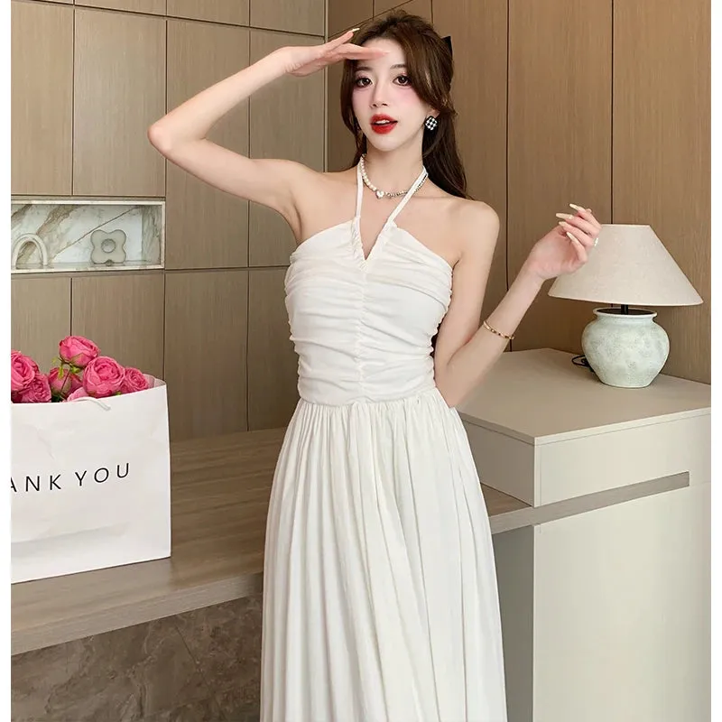 Joskaa Vintage White Long Dresses for Women 2024 Summer Elegant Chic Solid Sleeveless Casual Female Korean Slim Sexy Backless Sundress