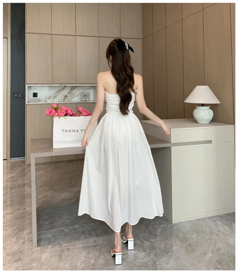 Joskaa Vintage White Long Dresses for Women 2024 Summer Elegant Chic Solid Sleeveless Casual Female Korean Slim Sexy Backless Sundress