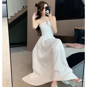 Joskaa Vintage White Long Dresses for Women 2024 Summer Elegant Chic Solid Sleeveless Casual Female Korean Slim Sexy Backless Sundress