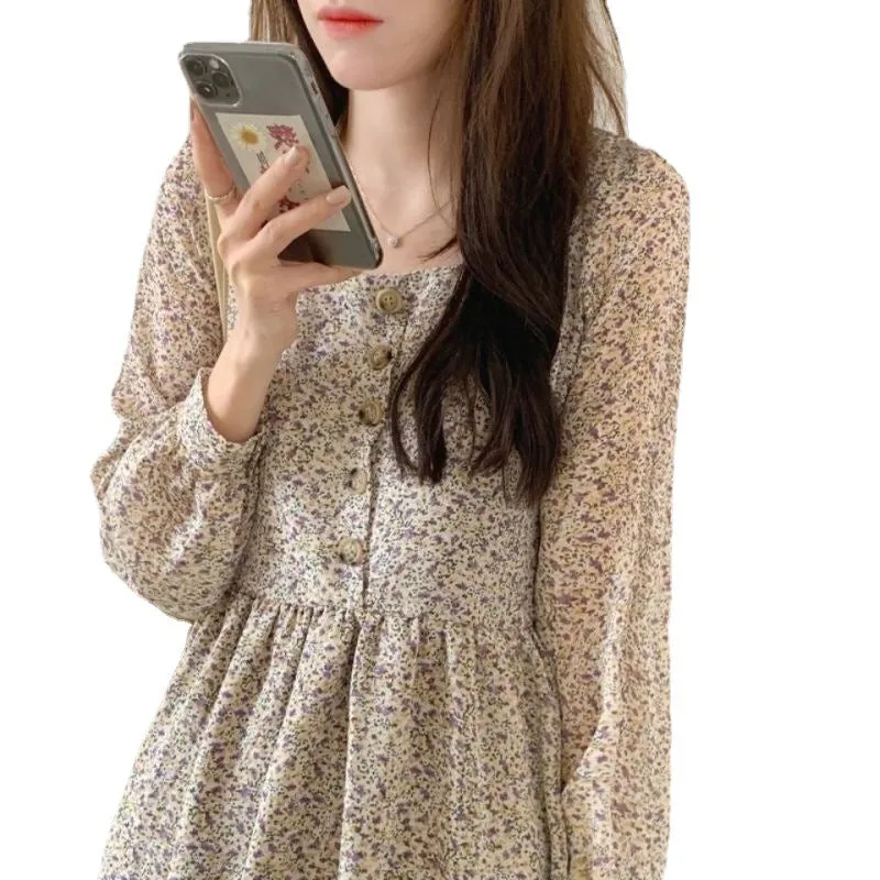 Korea Vintage Slim Look Western Fairy Chiffon Floral Dress Women Chiffon Dress
