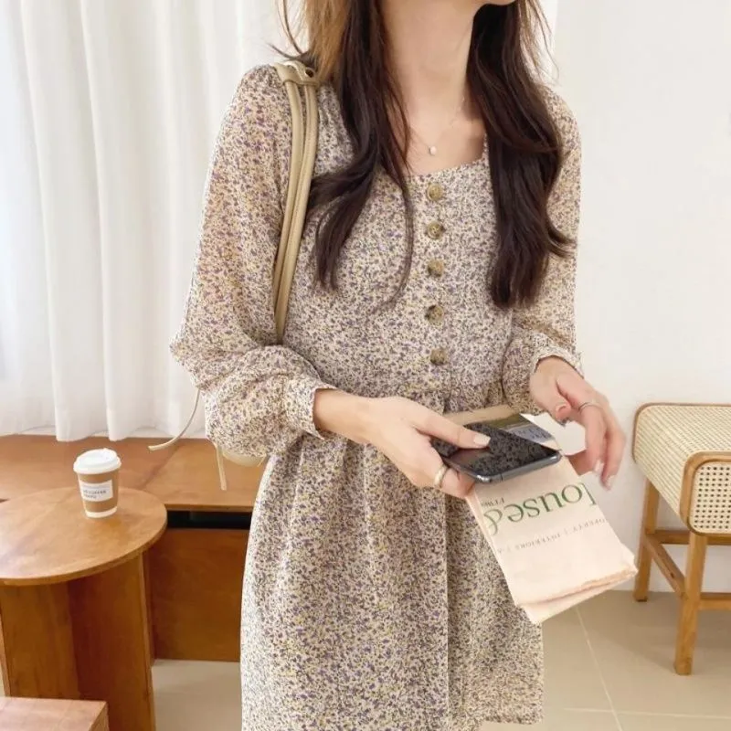 Korea Vintage Slim Look Western Fairy Chiffon Floral Dress Women Chiffon Dress