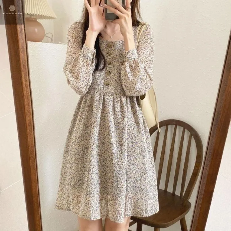 Korea Vintage Slim Look Western Fairy Chiffon Floral Dress Women Chiffon Dress