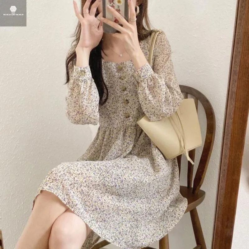 Korea Vintage Slim Look Western Fairy Chiffon Floral Dress Women Chiffon Dress