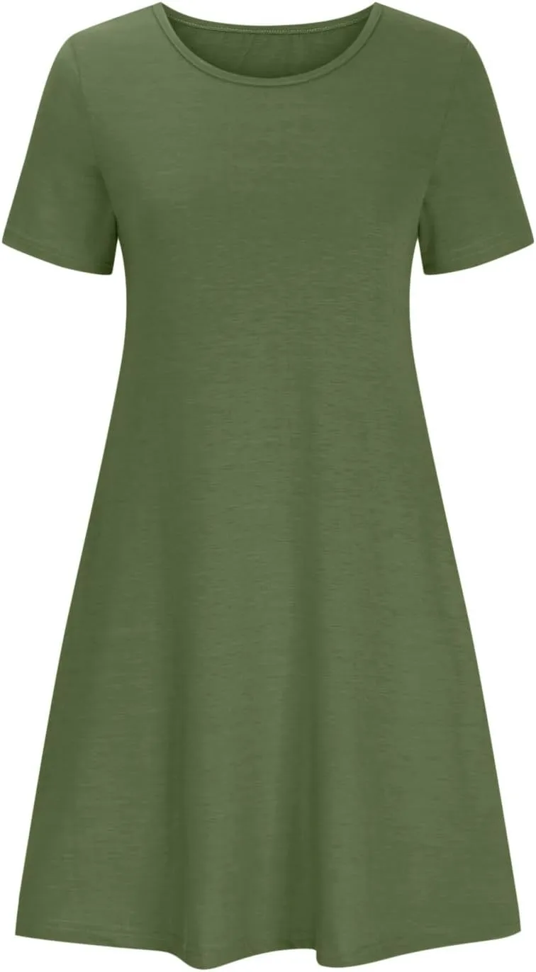 Ladies Casual Flowy Dresses Round Neck Short Sleeve Outfit Dress Solid Color Loose Fitting Women Outwear Dresses