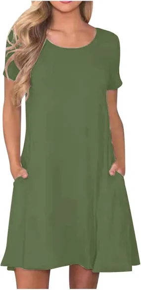 Ladies Casual Flowy Dresses Round Neck Short Sleeve Outfit Dress Solid Color Loose Fitting Women Outwear Dresses