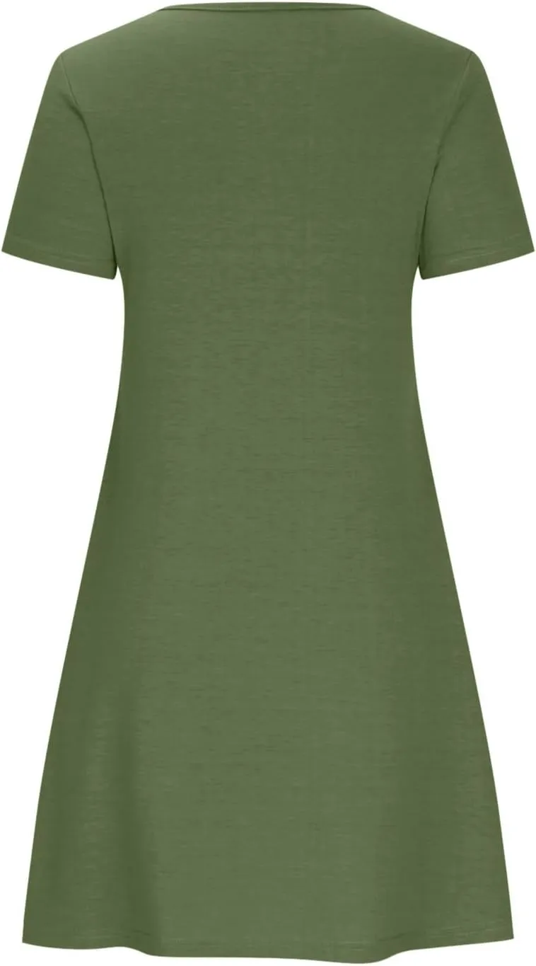 Ladies Casual Flowy Dresses Round Neck Short Sleeve Outfit Dress Solid Color Loose Fitting Women Outwear Dresses