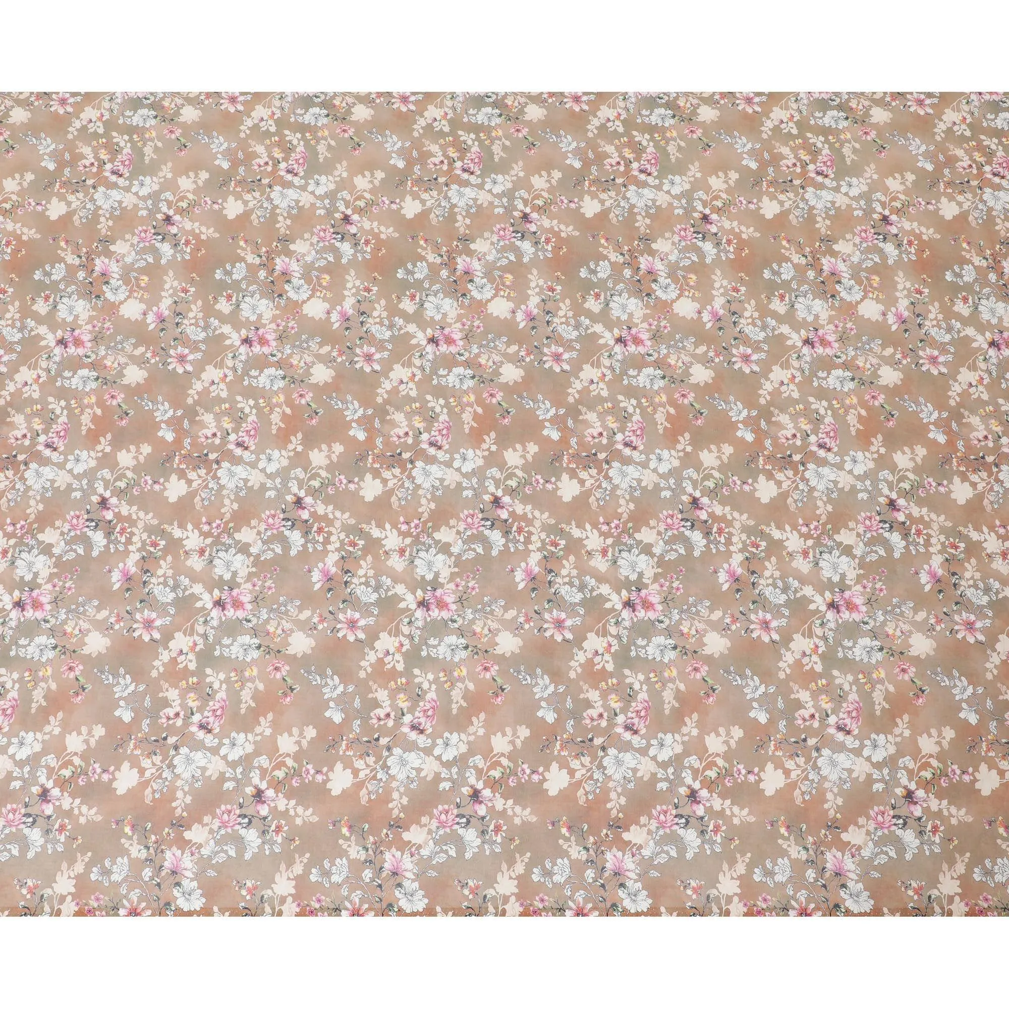 Light brown cotton voile fabric with off white, black, baby pink and beige print in floral design-D6281