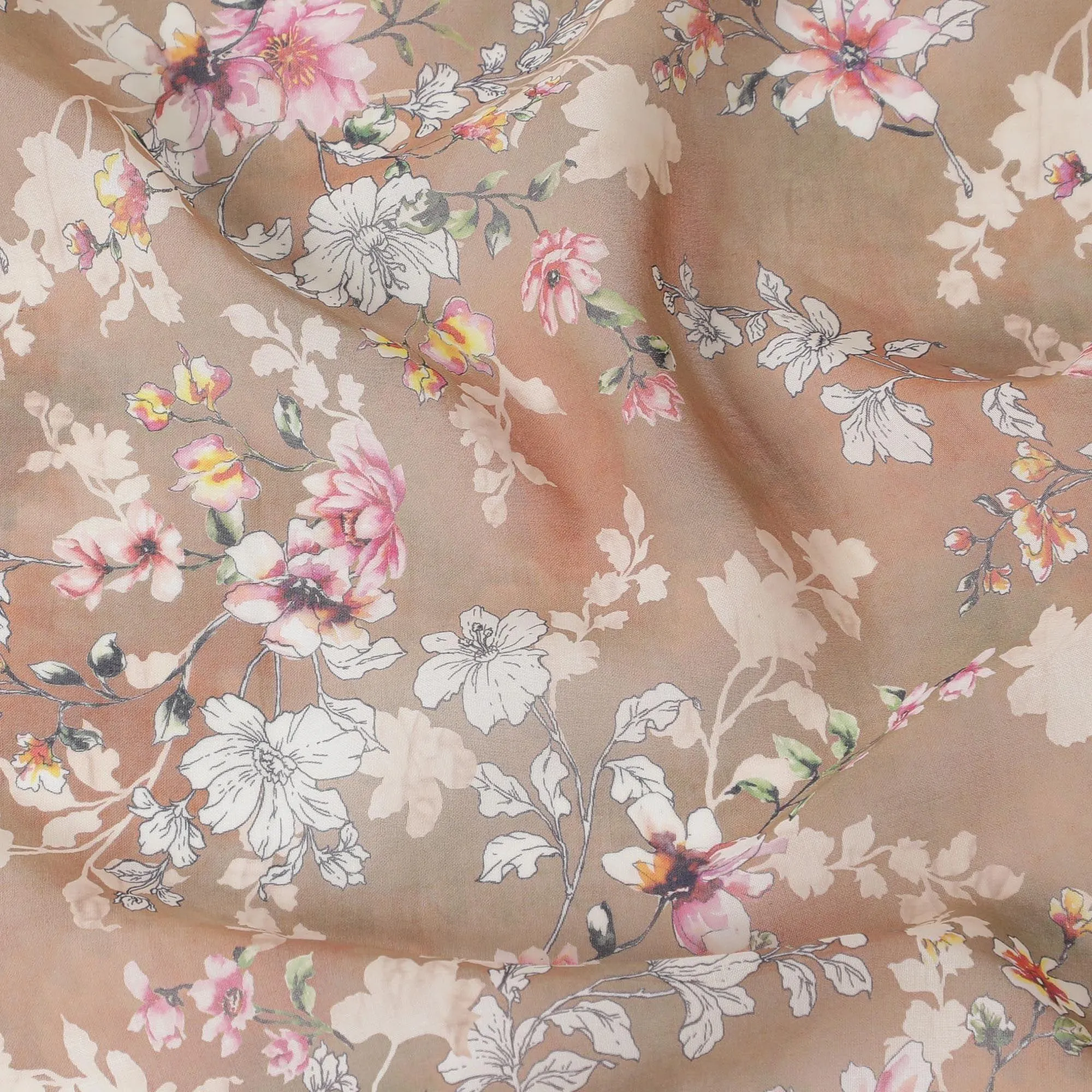 Light brown cotton voile fabric with off white, black, baby pink and beige print in floral design-D6281