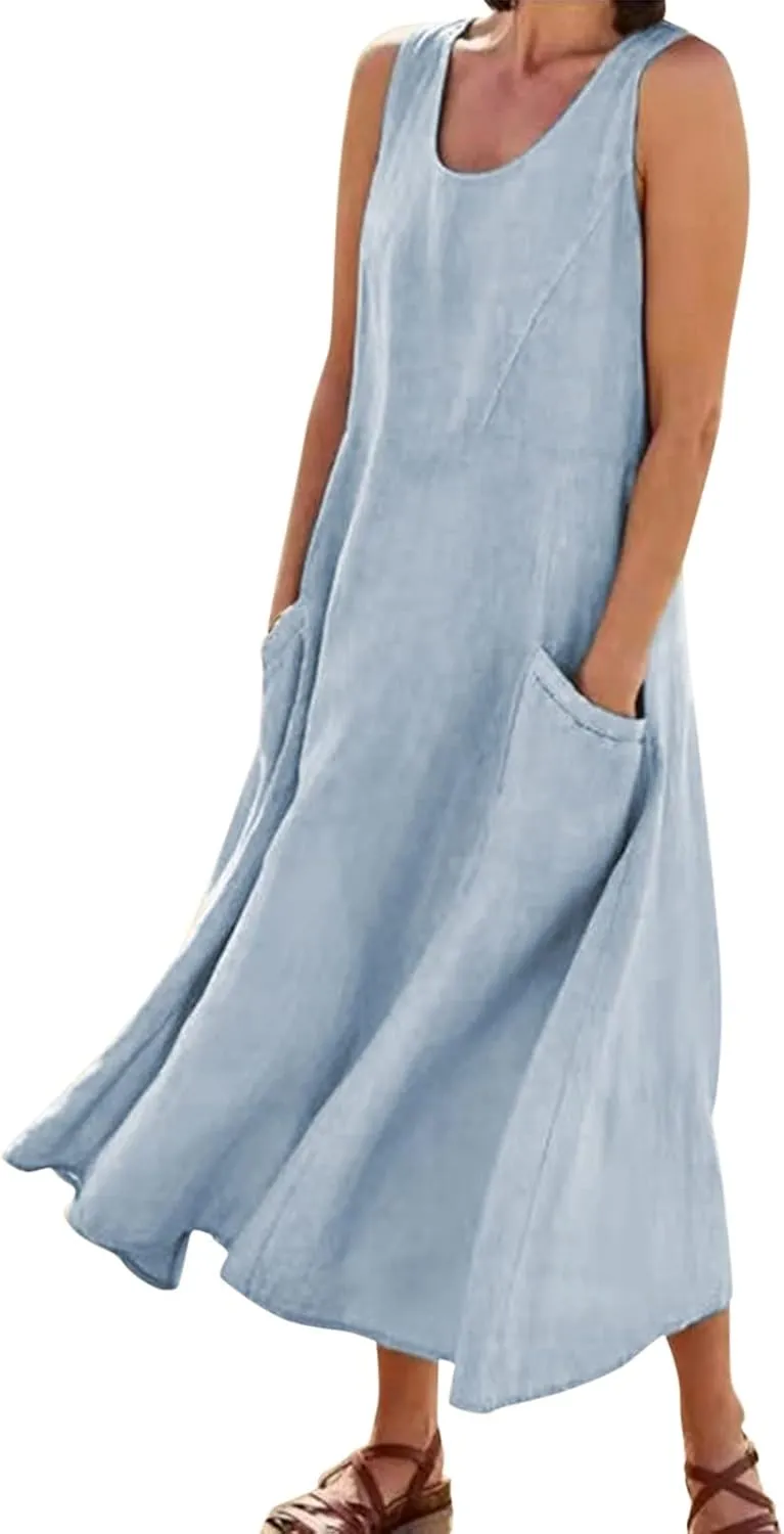 Linen Dresses for Women 2025 Summer Boho Casual Flowy Beach Dresses Sleeveless Solid Vacation Maxi Dress with Pockets