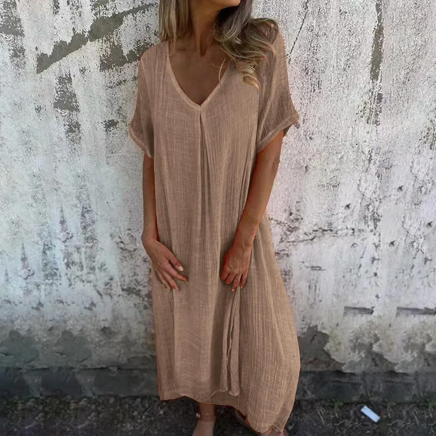 Linen Dresses Women Summer Cotton Short Sleeve Solid Color Smocked Relaxed Maxi Dress Beach Thin Fashion Sundress