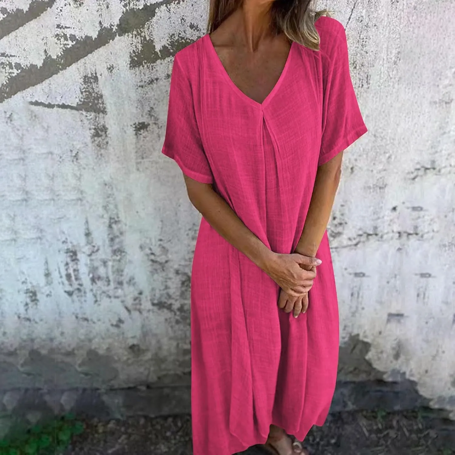 Linen Dresses Women Summer Cotton Short Sleeve Solid Color Smocked Relaxed Maxi Dress Beach Thin Fashion Sundress