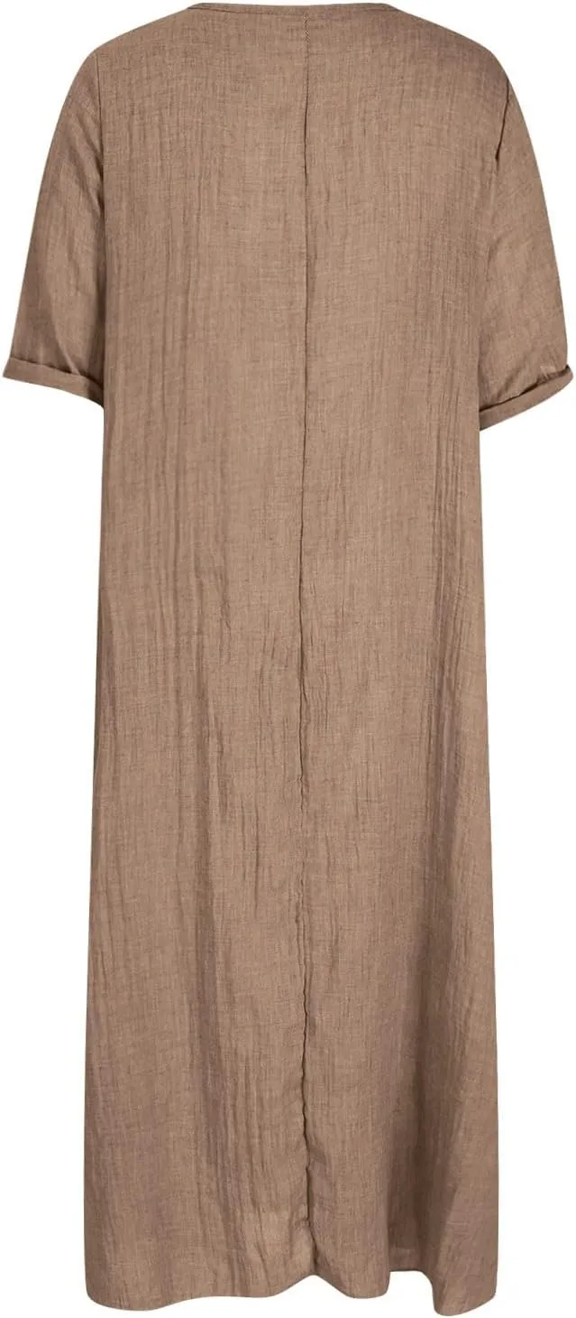 Linen Dresses Women Summer Cotton Short Sleeve Solid Color Smocked Relaxed Maxi Dress Beach Thin Fashion Sundress