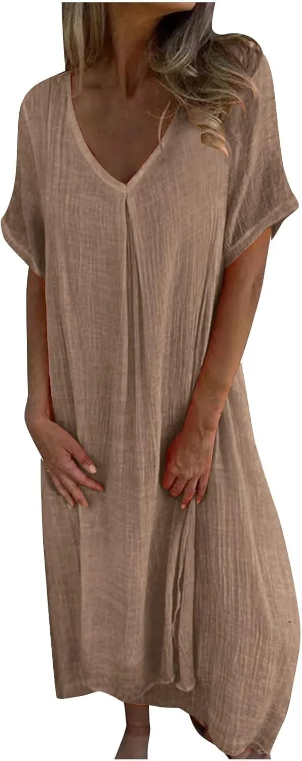 Linen Dresses Women Summer Cotton Short Sleeve Solid Color Smocked Relaxed Maxi Dress Beach Thin Fashion Sundress