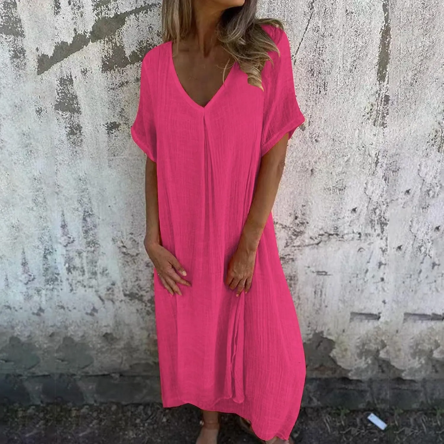 Linen Dresses Women Summer Cotton Short Sleeve Solid Color Smocked Relaxed Maxi Dress Beach Thin Fashion Sundress