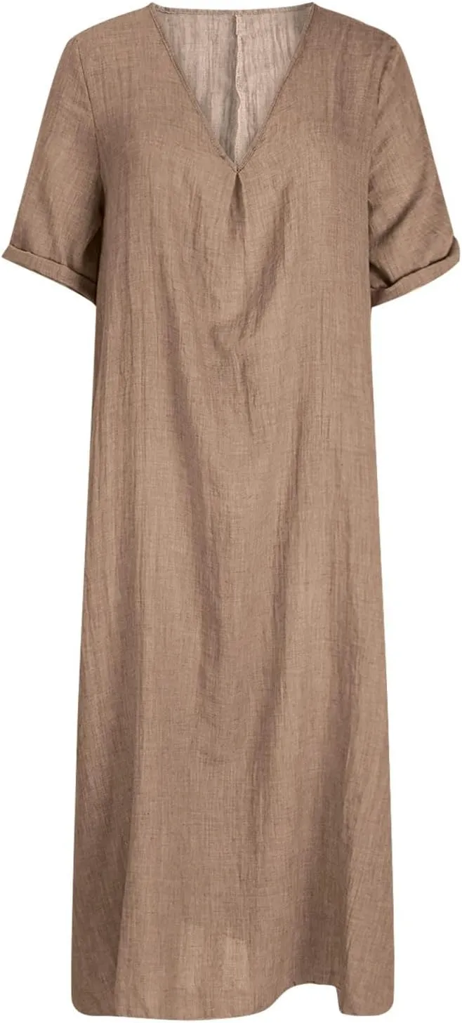 Linen Dresses Women Summer Cotton Short Sleeve Solid Color Smocked Relaxed Maxi Dress Beach Thin Fashion Sundress