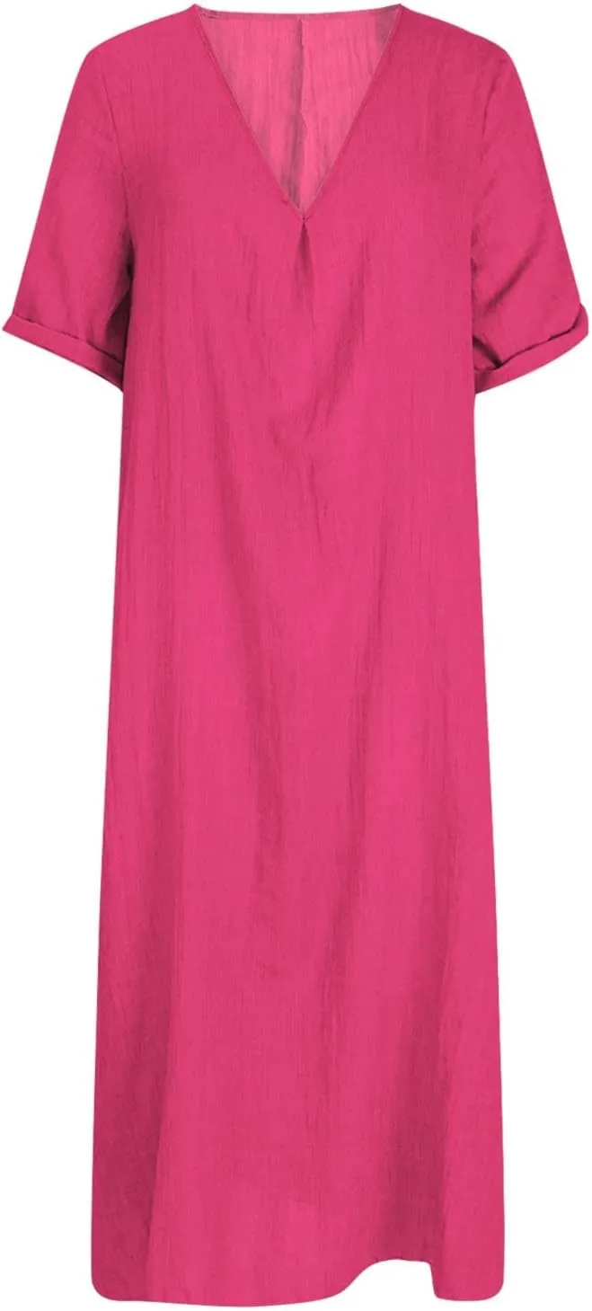 Linen Dresses Women Summer Cotton Short Sleeve Solid Color Smocked Relaxed Maxi Dress Beach Thin Fashion Sundress