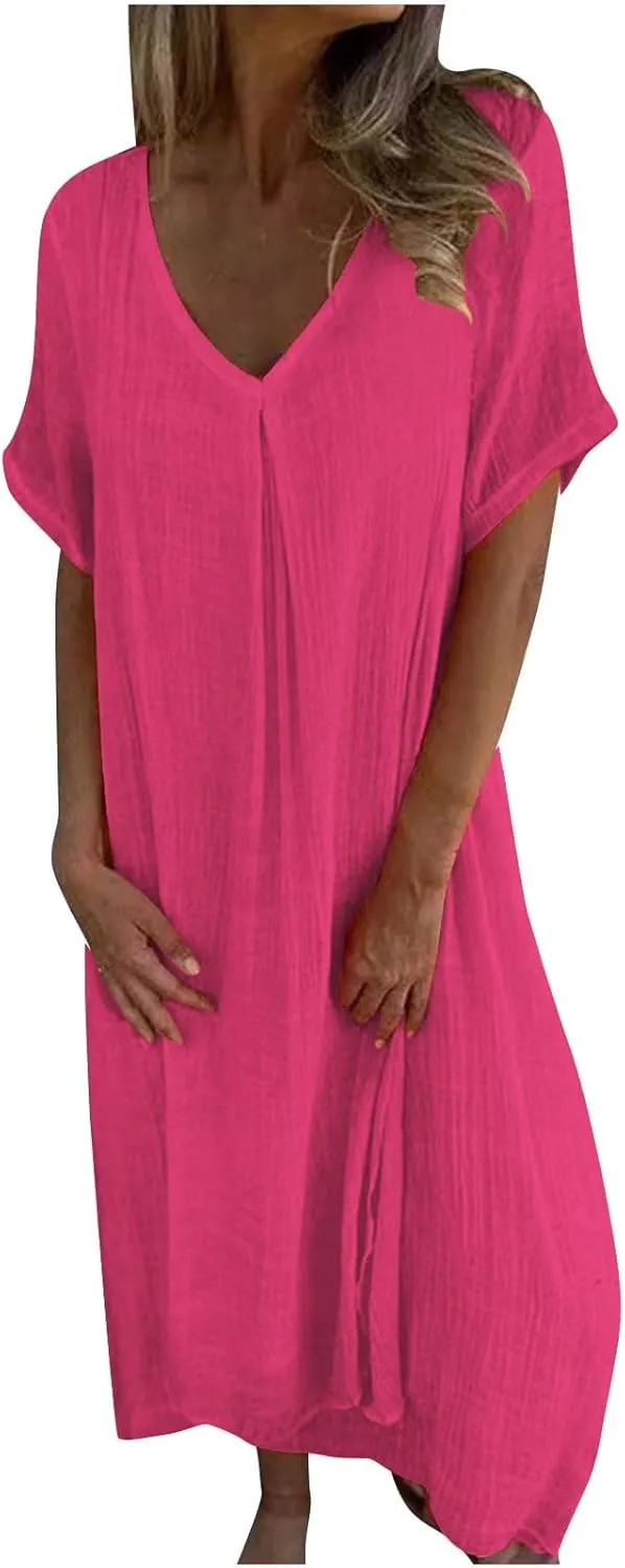 Linen Dresses Women Summer Cotton Short Sleeve Solid Color Smocked Relaxed Maxi Dress Beach Thin Fashion Sundress