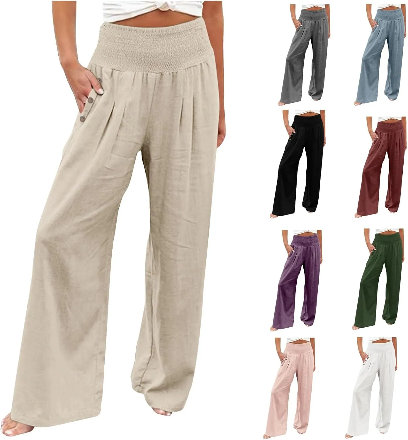 Linen Pants for Women Wide Leg Palazzo High Waisted Casual Flowy Summer Trousers Beach Comfortable Womens Pants