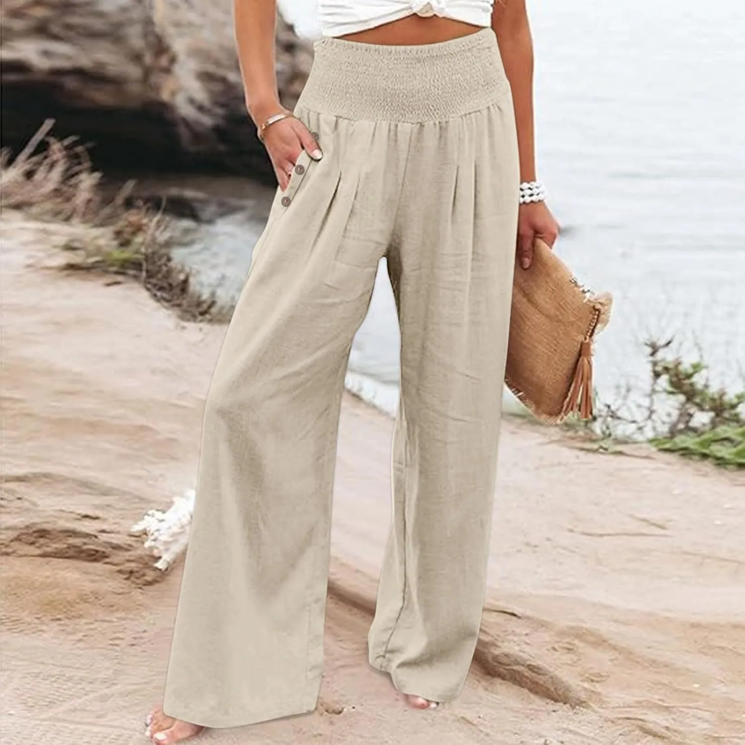 Linen Pants for Women Wide Leg Palazzo High Waisted Casual Flowy Summer Trousers Beach Comfortable Womens Pants