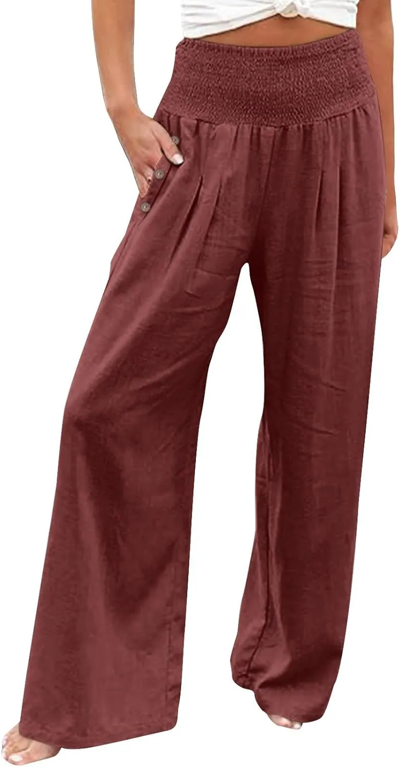 Linen Pants for Women Wide Leg Palazzo High Waisted Casual Flowy Summer Trousers Beach Comfortable Womens Pants
