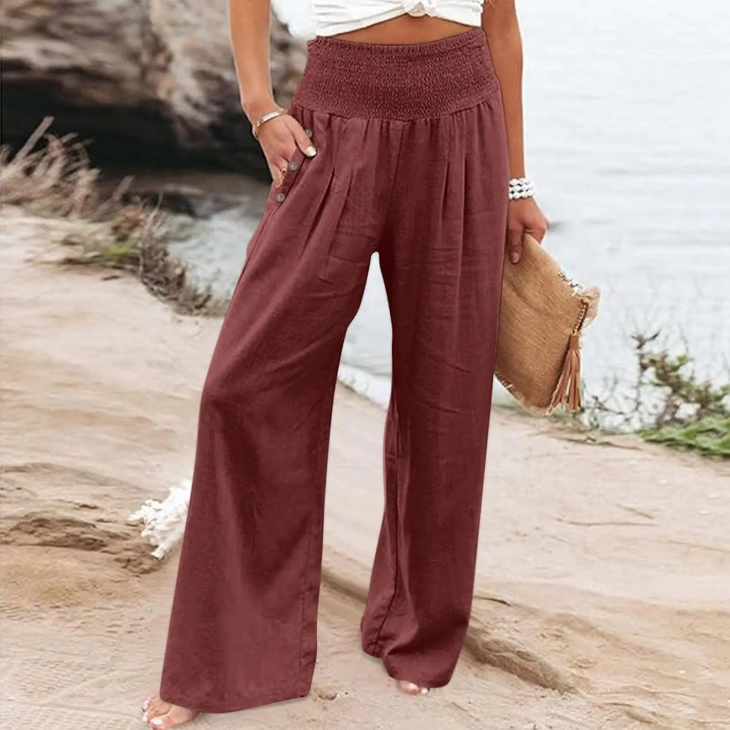 Linen Pants for Women Wide Leg Palazzo High Waisted Casual Flowy Summer Trousers Beach Comfortable Womens Pants